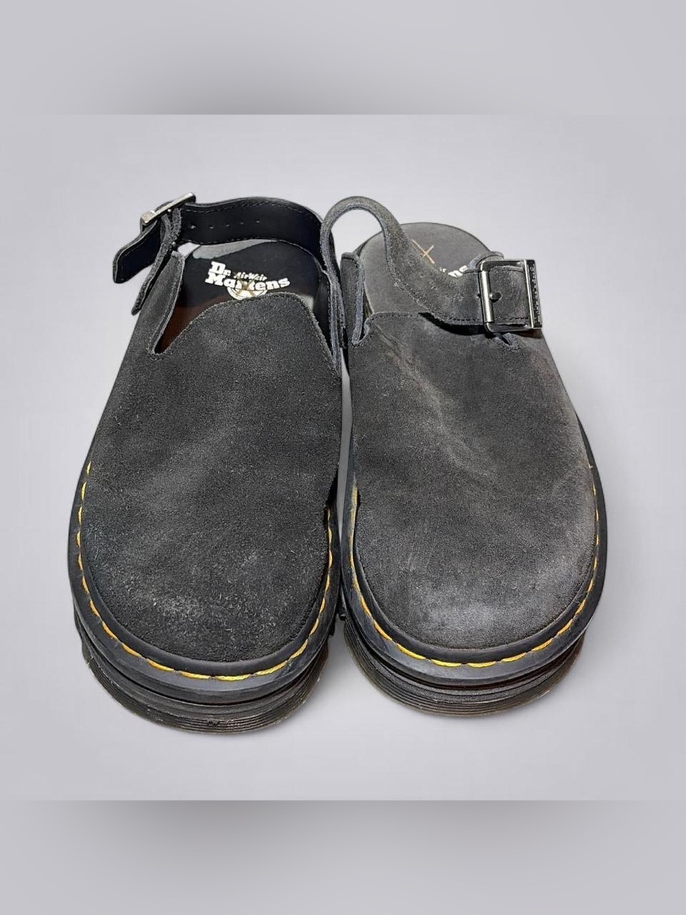Dr. Martens Black Suede Buckle Clog Mules with Yellow Stitching